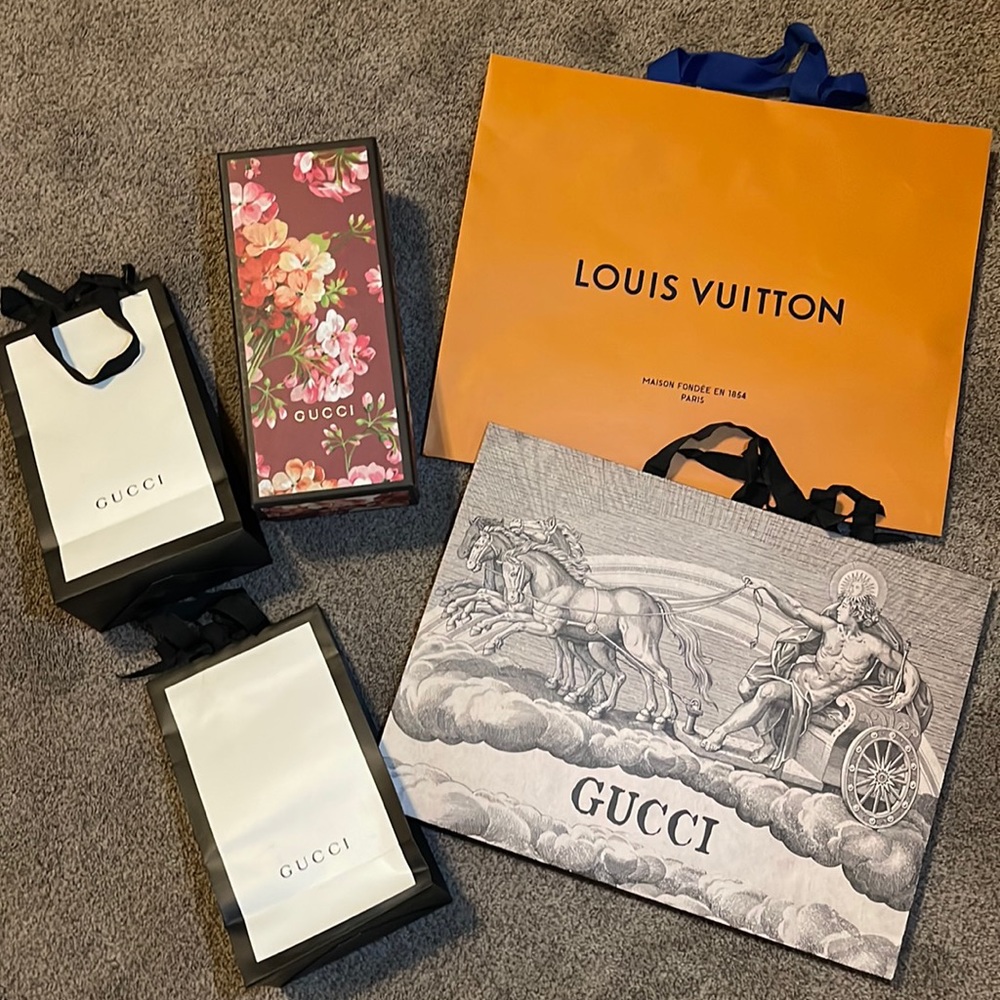 Gucci and Louis Vuitton bags & floral box